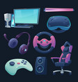 gamer room stuff gaming equipment icons set vector image