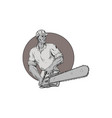 lumberjack arborist holding chainsaw oval drawing vector image vector image