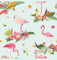 flamingo bird and tropical flowers background vector image