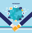 handshake and icons for web on world map vector image