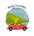merry christmas retro car with tree vector image