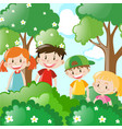 Four children standing behind wooden sign Vector Image