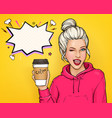 pop art winking woman with cup coffee vector image