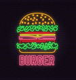 retro neon burger sign on brick wall background vector image
