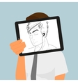 guy holds tablet pc displaying hand drawing vector image