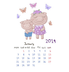 Monthly creative calendar 2019 with cute cartoon Vector Image