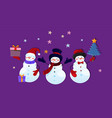 three cute funny snowman characters with gifts vector image vector image