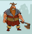 cartoon sad viking in a horned helmet with an ax vector image vector image