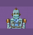 robot looks at the smartphone vector image vector image