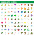 100 flora icons set cartoon style vector image