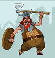 cartoon viking with a wooden shield swings his ax vector image vector image