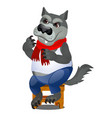 animated gray wolf sitting on a wooden stool vector image