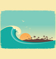 big ocean wave and tropical islandvintage poster vector image vector image