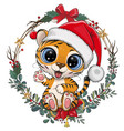 cartoon tiger in santa hat with christmas wreath vector image
