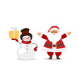 funny cute santa claus and snowman with gift set vector image