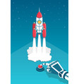 mechanical hand presses a finger on red button vector image
