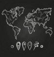 chalkboard with doodle world map and pins vector image vector image