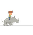 single one line drawing happy boy riding rhino vector image vector image