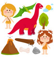 prehistoric children cavemen and dinosaurs vector image vector image