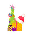 christmas tree near present box and santa cap vector image
