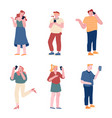 set men and women holding mobile phones vector image