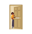 afraid kid opening unlocking house door cautious vector image vector image