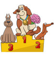 three cartoon dogs on the podium at dog show vector image vector image