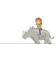 single one line drawing happy girl riding rhino vector image vector image