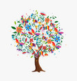 spring tree concept with color animals and flowers vector image