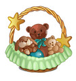 set of plush bears and a rabbit in wicker basket vector image