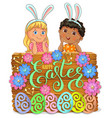 easter bright wooden banner design paper flowers vector image