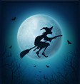 halloween witch on broom with bats against moon vector image