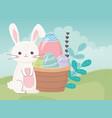 happy easter day cute rabbit eggs in basket vector image vector image