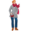 cartoon young woman in red scarf and gray coat vector image