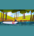 man fishing in forest lake with scoop net vector image