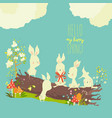 funny cartoon rabbits sitting on log in spring vector image vector image