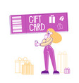 female character with smartphone stand near gift vector image