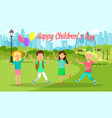cheerful boys and girls pass weekend in city park vector image