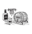 sketch whiskey bottle and glass wooden barrel vector image