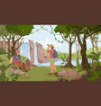 travelers man woman with rucksack in jungle forest vector image vector image