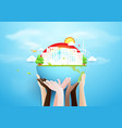 hands holding globe and eco city concept paper vector image vector image