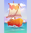 beautiful cartoon boat sailing on clear blue water vector image