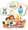 many kids with pets having thought bubbles vector image
