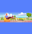 man rest in bean bag chair on wooden porch vector image vector image