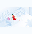 lady in red dress with shopping bags hotel room vector image