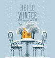 banner with snow-covered outdoor cafe and house vector image vector image