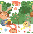 seamless pattern girl smile playing with chickens vector image