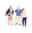 men friends with skateboards modern guys buddies vector image vector image