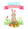 easter greeting card cute bunny colorful eggs vector image