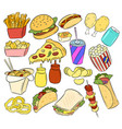 set of fast food hand drawn stickers doodles vector image